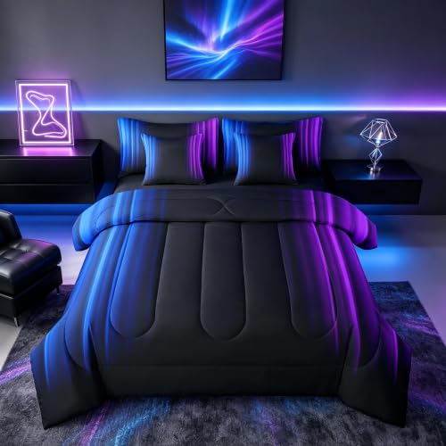 Feelyou Teens Abstract Ombre Decorations Bed in a Bag for Kids Women Blue Purple and Black Comforter Set with Sheets Geometric Modern Bed Set Room Twin Size