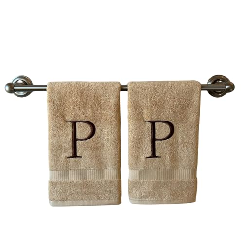 Beige with Brown Monogrammed Hand Towels for Bathroom - Set of 2 Letter P - Luxury Hotel Quality Initial Towels For Powder Room, Spa, GOTS Organic Certified