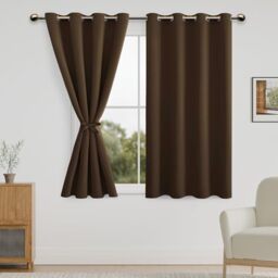 DWCN Blackout Short Curtains for Bedroom with Tiebacks - Room Darkening Privacy Grommet Top Window Curtains for Living Room, 52 x 45 inch Length, Brown, Set of 2 Panels