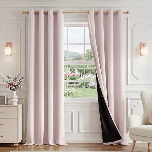 FMFUNCTEX 100% Blackout Pale Pink Curtains 63 Inch Grommet Drapes 2 Panels - Black out Drapes, Thermal Insulated Noise Reducing, Textured Weave, Room Darkening, Window Curtain, for Living Room,Grommet