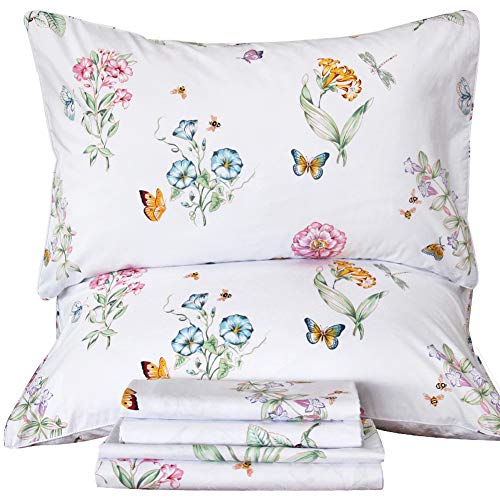 QSH Queen's House Floral Butterfly Sheets Sets Egyptian Cotton Printed Deep Pocket Bed Sheet Set ???King Size,Sheet I