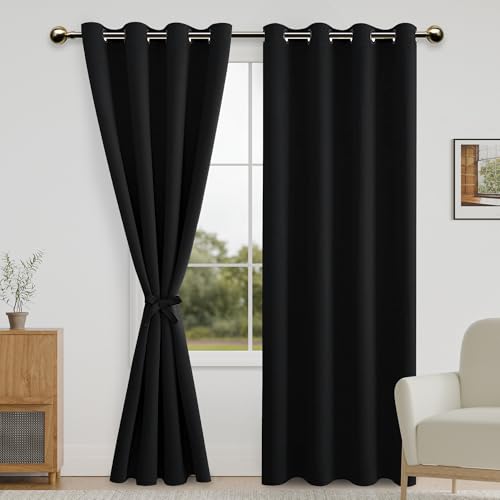 DWCN Black Blackout Curtains for Bedroom with Tiebacks - Thermal Insulated Light Blocking Grommet Window Curtains for Living Room, 52 x 96 inch Length, Set of 2 Panels