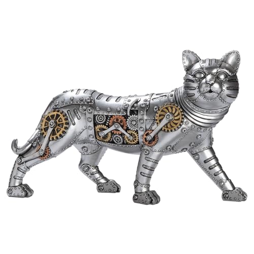 GILDE Steampunk Cat Figurine Made of Resin – Silver – Gear Motif – Height 23 cm x Width 35 cm
