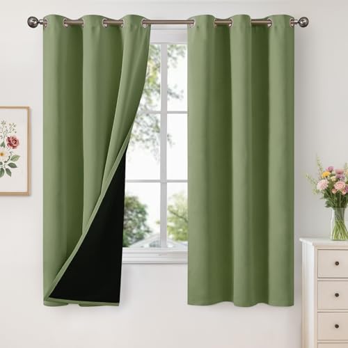 YoungsTex Olive Green 100% Blackout Curtains 63 Inch Long for Bedroom, Thermal Insulated Black Out Drapes with Grommet Energy Saving for Winter Living Room, 2 Panels, 42 X 63 Inch