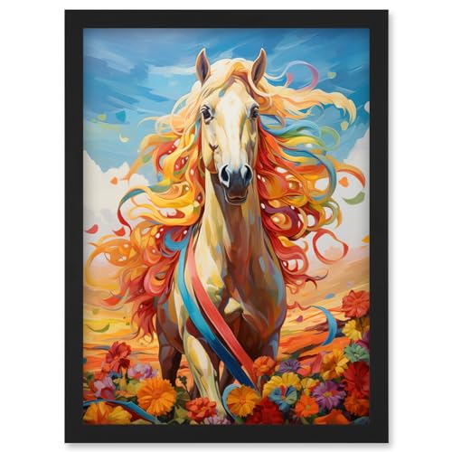 Artery8 Girls Bedroom Nursery Artwork Fantasy Horse Colourful Mane Bright Bold Fun Happy Artwork Framed Wall Art Print A4