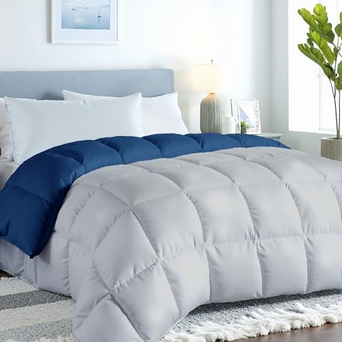 Royale Linens Reversible Comforter - California King Duvet Insert - All Season Soft Quilted Comforters with 8 Corner Tabs - Down Alternative Bedding Comforter - Duvet Insert (Navy/Silver, King Cal)