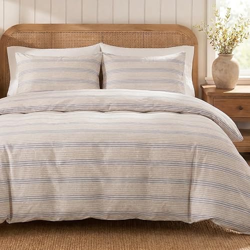Herside 100% Cotton Double Gauze Striped Duvet Cover Set Queen Size,Gray Beige Fine Stripe Pattern Soft Breathable Cotton Bedding Set Modern Minimalist 3 Piece Quilt Duvet Set for All Seasons