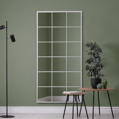 "MirrorOutlet The Fenestra - White Modern Window Full Length Leaner/Wall Mirror 69"" X 33"" (174CM X 85CM) Silver Mirror Glass with Black Metal Frame."