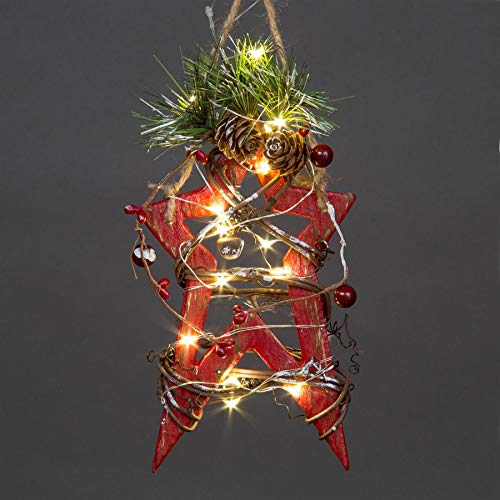 20cm Red Wooden LED Star Hanging Ornament Christmas Holiday Home décor with 15 Warm white LEDs