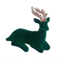 Christmas Velvet Sitting Deer Figurine 19cm - Emerald Green Flocking Reindeer Ornament with Sequin Glitter Antlers - Festive Table Decoration for Mantel, Shelf, Centerpiece and Home Décor
