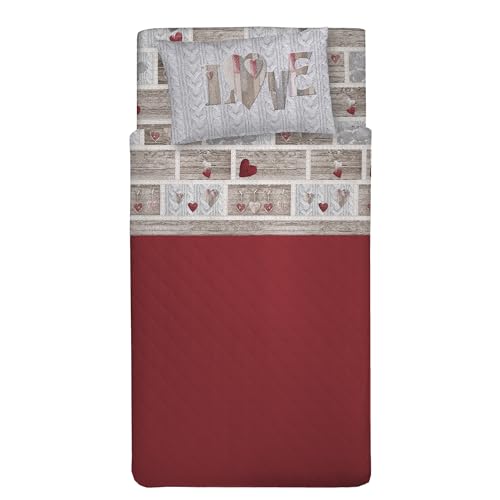 PENSIERI DELICATI Single Bed Set, 100% Cotton, Single Bed Sheet Set, 90 x 200 cm, Including Bottom Sheet, Top Sheet and 1 Pillow Case, Made in Italy, Shabby Love Red Design