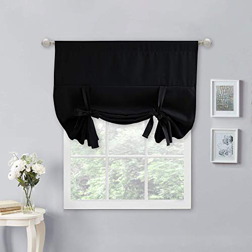 NICETOWN Bathroom Window Curtain Blackout - Tie Up Shades Privacy Thermal Insulated Window Curtain Panel for Glass Door/Kitchen Window (Black, 1 Panel, 40 inches W by 54 inches L)