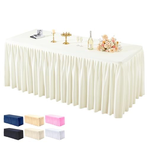 PARTISKY 1 Pack Ivory Tablecloths for Rectangle Tables 6ft, Wrinkle Resistant Spandex Table Cover Fitted Stretch Table Cloth with Pleated Ruffle Skirts for Party Banquet Dining Birthday Wedding