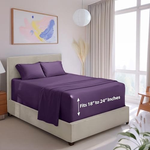 "Hearth & Harbor Extra Deep Pocket King Sheets - 4 Piece Hotel Luxury King Sheet Set Fits Up to 24"" Mattress - Ultra Soft, Breathable, Purple Eggplant"