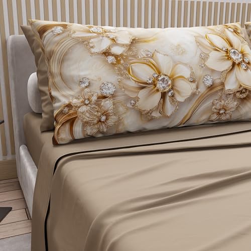PETTI Artigiani Italiani - Cotton Sheets with Pillowcases in Digital Print, Double Maxi, Complete Top and Bottom Sheet with Corners, Floral 06 13 Taupe, 100% Made in Italy