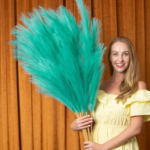 "Pampas Grass Decor Tall, 43""/110cm Faux Pampas Grass 6 Stems Large Pompass Grass Branches Tall Bulk Boho Flower Arrangement for Home Room Wedding Party Decor (Green)"