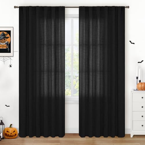 YoungsTex Black Linen Curtains 84 Inch Length Semi Sheer for Living Room - Rod Pocke Drapes Light Filtering Privacy for Dining Bedroom Back Tab, 2 Panels, 52 X 84 Inch