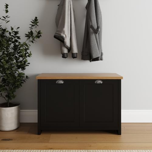 GFW Lancaster Black 2 Door Shoe Cabinet, Country Cottage Hallway Storage Unit with Oak Effect Top