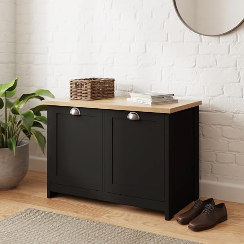 GFW Lancaster Black 2 Door Shoe Cabinet, Country Cottage Hallway Storage Unit with Oak Effect Top