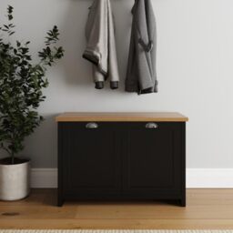GFW Lancaster Black 2 Door Shoe Cabinet, Country Cottage Hallway Storage Unit with Oak Effect Top