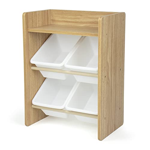 Humble Crew Journey Small Wooden ToyShelf Storage Organiser for Children, with 4 BPA Free Plastic Removeable Storage Bins, Ideal for Storing Toys, Games, Books and Craft Supplies - Natural Wood/White