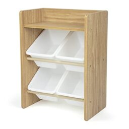 Humble Crew Journey Small Wooden ToyShelf Storage Organiser for Children, with 4 BPA Free Plastic Removeable Storage Bins, Ideal for Storing Toys, Games, Books and Craft Supplies - Natural Wood/White