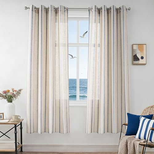 DriftAway Farmhouse Curtains for Living Room Vertical Striped Linen Curtains Semi Sheer Light Filtering Grommet Window Treatments, 63 Inches Long, 2 Panels, Pinstripe Navy on Beige