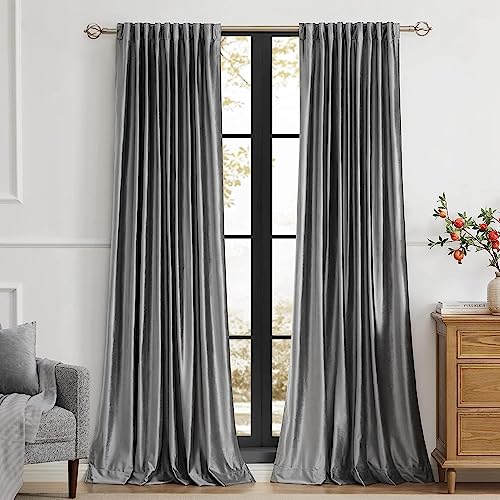 PRIMROSE Dark Grey Velvet Curtains 120 inch Long for Living Room,Set of 2 Panels Blackout Rod Pocket Back Tab Window Treatment Room Darkening Heavy Decorative Curtains Drapes for Bedroom