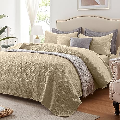 LEAONME Full/Queen Quilt Set 3 Pieces,Lightweight Beige Bedspread-90''x98'',Soft Microfiber Summer Quilt,Luxurious Warm Coverlet Sets for All Seasons (Includes 1 Quilt, 2 Shams)