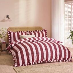 Wylder Birdie Stripe Duvet Cover Set – Reversible Ruffled Cotton Rich Striped Bedding (Burgundy/Blossom - Single)