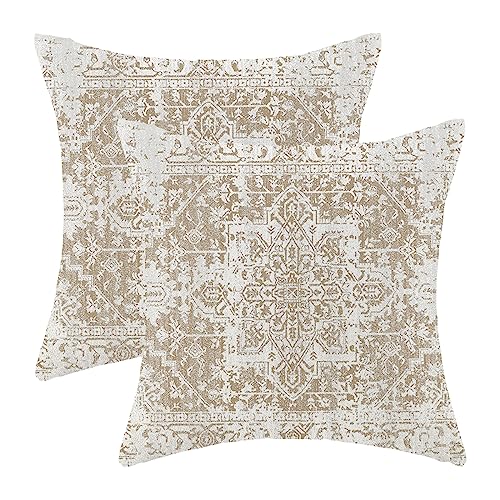 AEIOAE 2 Pack Ethnic Boho Throw Pillow Covers 20x20 Inch Brown Beige White Linen Square Cushion Covers Outdoor Indoor Decor for Sofa Bed