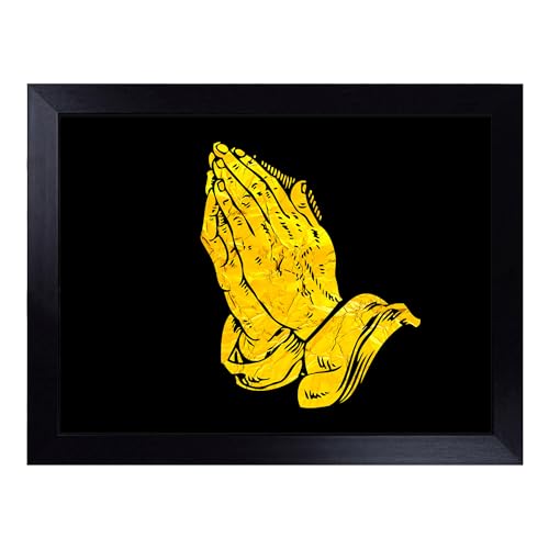 Lap Tray with Bean Bag Cushion, Praying Hands In Gold - Handmade in the UK, Raised Wooden Edge, Padded Cushion, Heat-Resistant Wipe-Clean Surface, for Meals, Laptops and Crafts