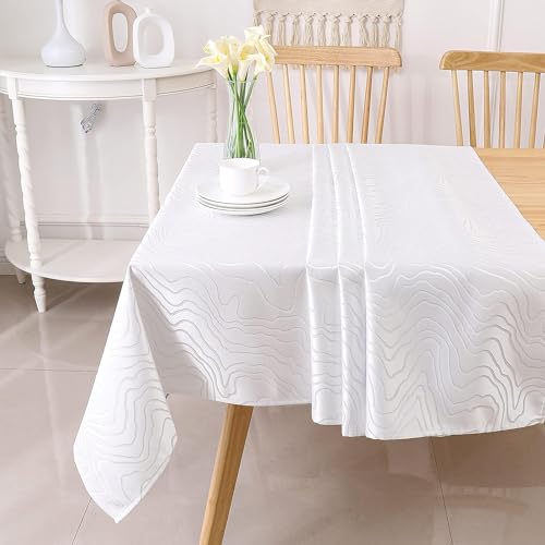 Majestic Giftware Polyester Tablecloths for Rectangle Tables - (70/144) - TC1348 Jacquard Silver Ripple Hem Stitch Dining Table Cover - Decorative Washable Tablecloth for Kitchen, Dining
