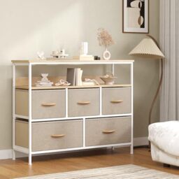 Feonase Chest of Drawers, 5 Drawers Dresser with TV Stand, Metal Frame and MDF Top Board, Adjustable Feet, Storage Unit Ideal for Bedroom, Living Room, Closet, Hallway, Khaki