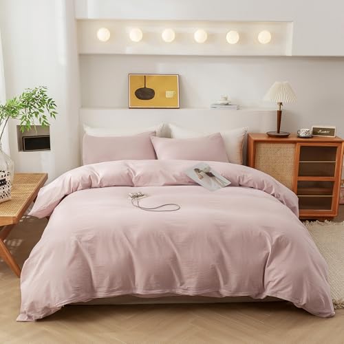 ECOCOTT Duvet Cover Set, 100% Washed Cotton Linen-Like Textured Soft & Breathable, Durable Comfy Bedding Set for All Seasons Twin Size (Greyish Pink)