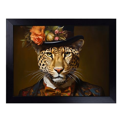 Lap Tray with Bean Bag Cushion, Leopard Victorian Art - Handmade in the UK, Raised Wooden Edge, Padded Cushion, Heat-Resistant Wipe-Clean Surface, for Meals, Laptops and Crafts