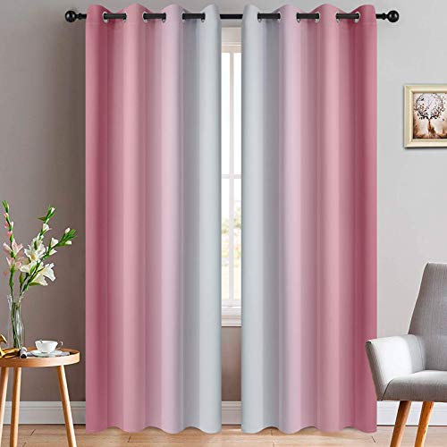 Yakamok Room Darkening Gradient Color Ombre Curtains 84 Inch Length, Thermal Insulated Grommet Window Drapes for Living Room/Bedroom (Pink and Greyish White, 2 Panels, 52x84 Inch)