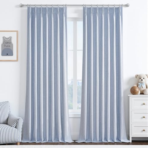 "Dusty Blue 96 Inches Blackout Curtains Long for Kids/Boys/Teens Rooms/Bedroom 2 Panels Set, Light Blue Pinch Pleated Drapes 8 FT Length Burg Linen Thermal Coastal Curtain Window Viral 40""Wx96""L"