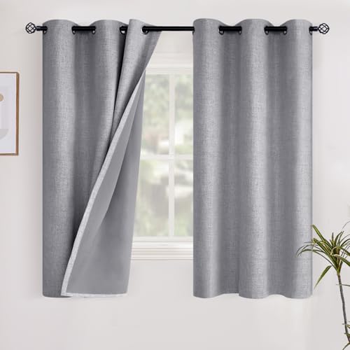 YoungsTex Grey Linen Blackout Curtains 40 Inch Length for Bedroom, Full Room Darkening Short Drapes with Grommet Thermal Insulated for Kitchen Bathroom Window, 2 Panels, 42 X 40 Inch