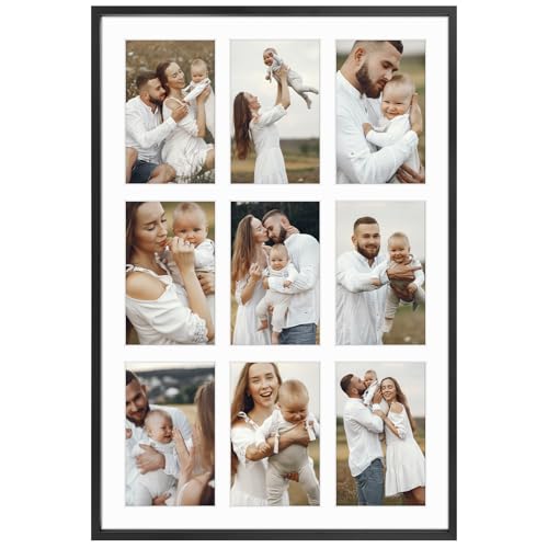 Golden State Art, 13.6X19.7 Black Aluminum Collage Frame, Displays Nine 4X6 Pictures with Mat or One 13.6''X19.7'' Photo Without Mat, Real Glass, Portrait or Landscape Wall Mount (1 Pack)