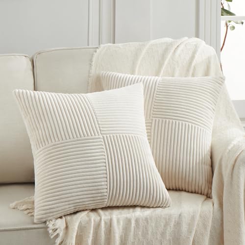 Fancy Homi Decorative Throw Pillow Covers for Living Room Couch Bed Sofa Rustic Farmhouse Boho Home Decor Soft Corss Patchwork Accent Square 20x20 inch Cream 2