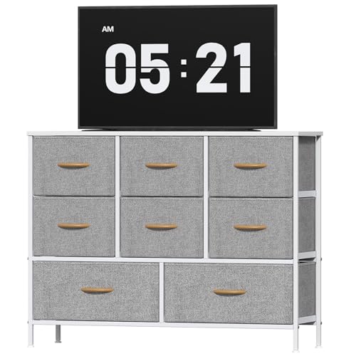 Feonase Chest of Drawers, Bedroom Dresser with 8 Fabric Drawers, Metal Frame & MDF Wood Top, Adjustable Feet, Storage Organizer Unit for Bedroom, Closet, Living Room, Hallway, Light Grey