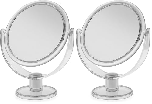 Blue Canyon Free Standing Small Round Plastic Cosmetic Mirror - Magnifying Make Up - Dressing Table Mirror 1X / 2X (Pack of 2)