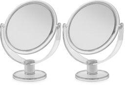 Blue Canyon Free Standing Small Round Plastic Cosmetic Mirror - Magnifying Make Up - Dressing Table Mirror 1X / 2X (Pack of 2)