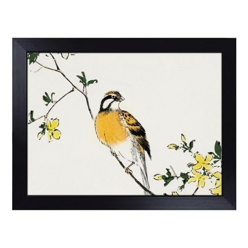Lap Tray with Bean Bag Cushion, Meadow Bunting Bird & Yellow Flowers By - Handmade in the UK, Raised Wooden Edge, Padded Cushion, Heat-Resistant Wipe-Clean Surface, for Meals, Laptops and Crafts