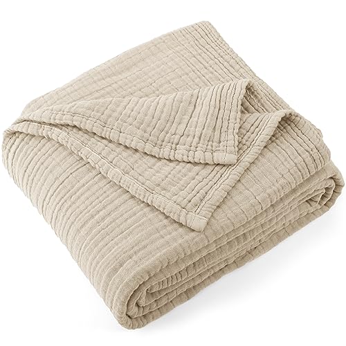 "Carriediosa 100% Cotton Muslin Throw Blanket 50"" X 70"" Throw XL Size，4-Layers Summer Gauze Throws for Bed Couch，Soft Lightweight Breathable Linen Blankets Bedspread for Adults All Season，Khaki"