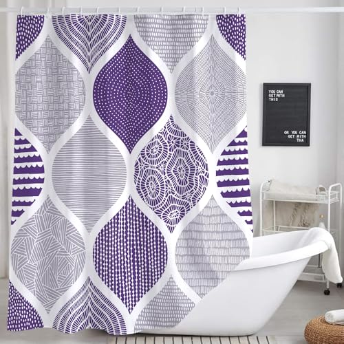Purple and Grey Shower Curtain, Lavender Retro Bohemian Geometric Fabric Shower Curtains Set for Bathroom Decorative, Boho Modern Abstract Paisley Restroom Decor Accessories with Hooks 72X84 Inch