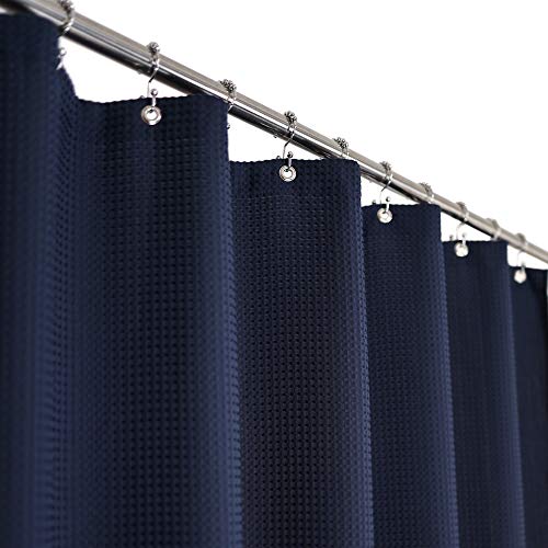 "Barossa Design Long Waffle Weave Shower Curtain 71"" W x 78"" H - Hotel Luxury Spa, 230 GSM Heavy Weighted Fabric, Water Repellent, Navy Blue, 71x78"