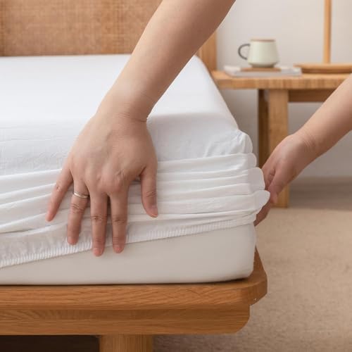 BESTOUCH California King Fitted Bottom Sheet???100% Washed Cotton Linen-Like - 16-19 Inch Deep Pocket Fits Mattress - Fade Resistant Soft Comfy Durable Easy Care