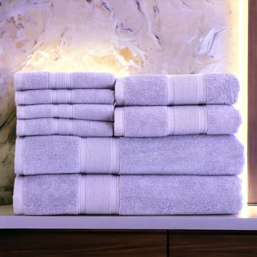 Luzia 8 Piece Towel Set - 100% Turkish Cotton, Premium Quality - 2 Bath Towels 2 Hand Towels and 4 Washcloths (Lavender)